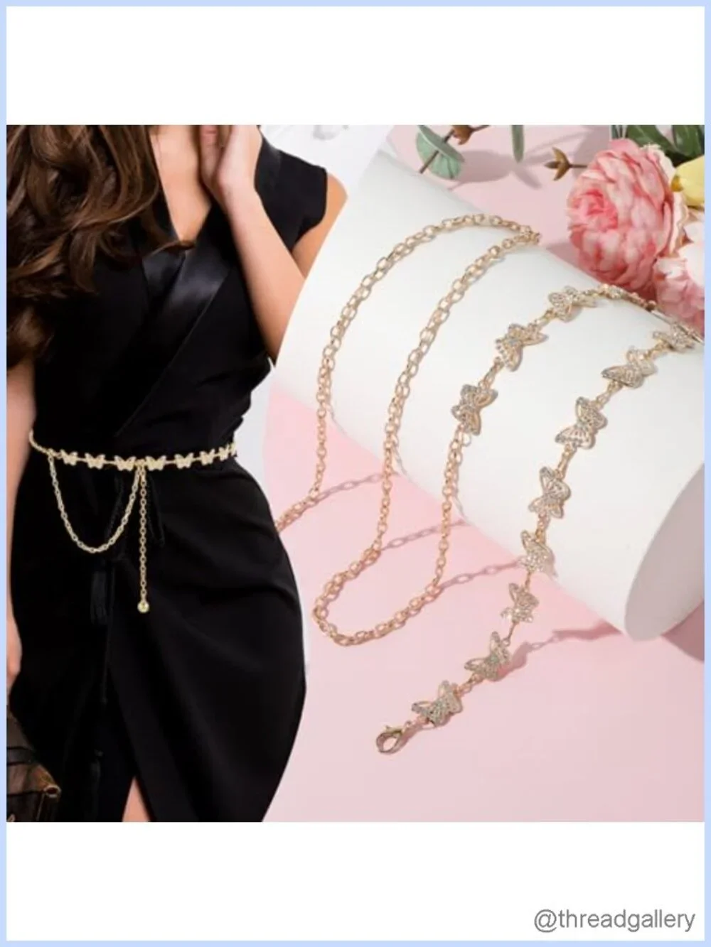 Rhinestone Butterfly Waist Chain Belt Adjustable for Dresses